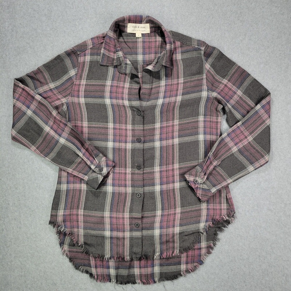 Cloth & Stone Gray Plaid Button Up Top Womens S Fray Hem Soft Rayon